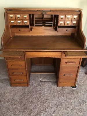 Antique American 48  Oak Double Roll Top Desk W/Swivel Desk Chair On Wheels • $5400