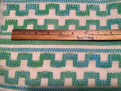 Vintage Polyester Woven Geometric Fabric Nylong Backed Green Blue 3 Yds 54  Wide • $24.99