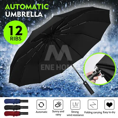 $18.95 • Buy 12Ribs Automatic Folding Umbrella Windproof Auto Open Compact With Fiberglass