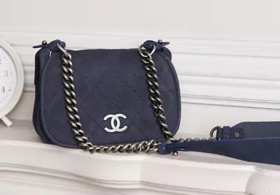 VERIFIED Authentic CHANEL Blue Quilted Suede Caviar Leather Small Mini Flap Bag • $3234.14