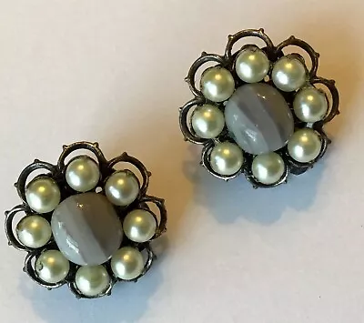 Vintage Miriam Haskell Gray Bead And Pearl Earrings • $45