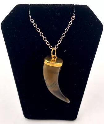 Unique Tiger Eye Gemstone Carved Like A Fang Necklace Pendant Gold Tone Chain • $19.99