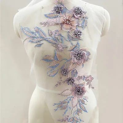 3D Crystal Blossom Lace Applique Embroidery Sequined Lace Motif For Costumes • £9.99