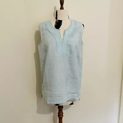 W.Lane Mint Blue Sleeveless 100% Linen Shirt Embroidered Lace Collar S 8 NWT • $32