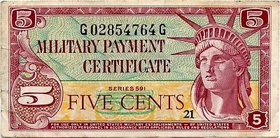 1959 5 Cents Military Payment Certificate MPC Series 591 VF • $19