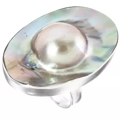 Opulent Mabe Blister Mother Of Pearl Shell Silver Sz 7 Ring • $34.95