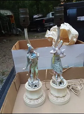 Vintage Shabby Pair Of Victorian Porcelain Couple Figurine Lamps Metal Base • $85