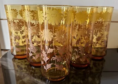 Vintage Libbey Ombre Daisy Amber MCM Drinking Glasses Set Of 6 GUC • $25