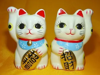 2 Pcs White Japanese Pottery Maneki Neko Beckoning Money Good Fortune Lucky Cat • $24.33