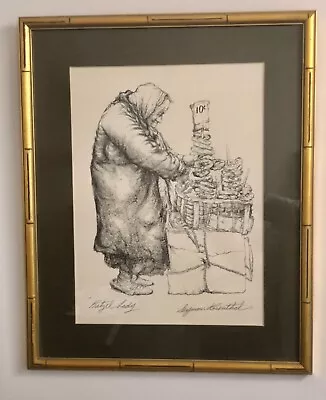 $125 • Buy Vintage Signed Seymour Rosenthal Print “Pretzel Lady  In Gold Bamboo Frame