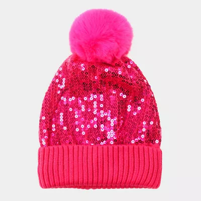 NEW Pink Shiny Sequin Embroidered Fold Over Beanie Hat W/ Large Fluffy Pom Pom • $21.95