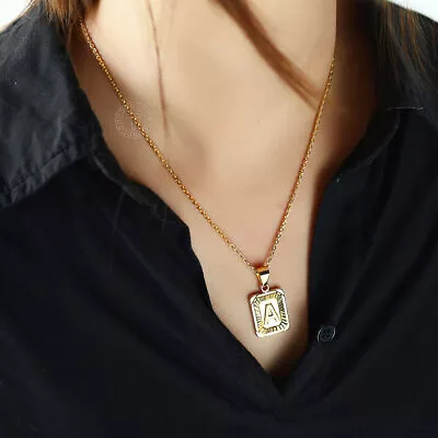 Trendsmax Rectangle Initial Letter Pendant Charm Necklace Gold Plated Rolo Chain • $7.99