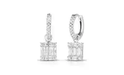 Women's 18k White Gold Plated Emerald & Round Cut Leverback Huggie Drop Earrings • $9.99