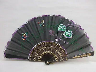 Butterflies & Flowers Sewn Embroidered Handheld Hand Fan Vintage Accessory • $11.95