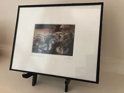 Michael Leu Signed 1997 The Fireplace II  Art W/ Cat With Display Stand • $99