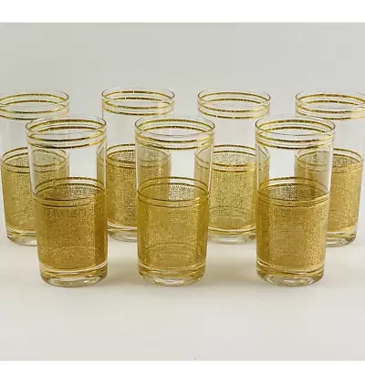 Set Of 7 MCM Vintage Culver High Ball Cocktail Glasses Tumblers Gold Band Bottom • $86