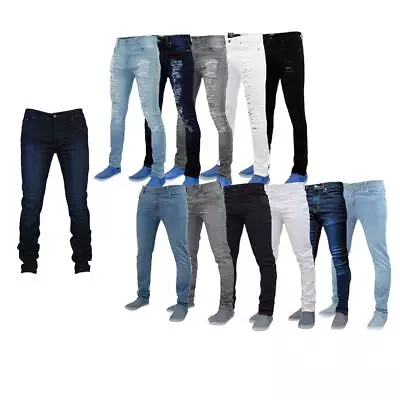 Men's Slim-Fit Ripped Jeans Multi-Pocket Pants Cotton Stretch Designer Trousers • £14.99