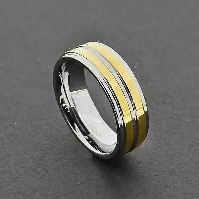 8mm Tungsten Carbide Duo Gold Plated Stripes Inlay Ring Men Wedding Band • $14.99