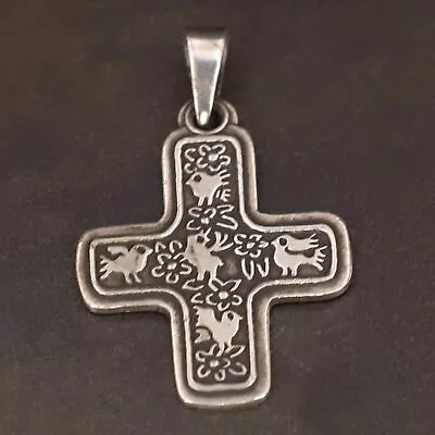 VTG Sterling Silver - MEXICO TAXCO Flower & Bird Cross Necklace Pendant - 8g • $59