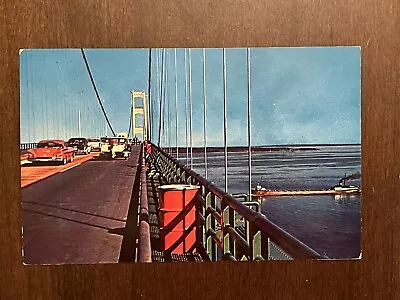 Michigan MI Mackinac Bridge Deck View 1950s Old Cars Freighter Vintage Postcard • $4.29