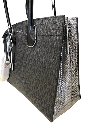 MICHAEL KORS STUDIO Mercer Convertible Tote  BLACK PEWTER Logo Snake NEW $328 • $170