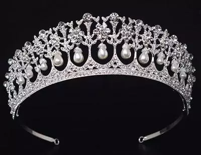 Vintage Silver Plated Queen Princess Diana Crown Crystal Pearl Bride Tiara  • $13.75