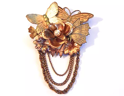 Vintage Steampunk Butterfly Flowers Brooch Pin Copper Gold Tone 3 Inch Patina • $15.99