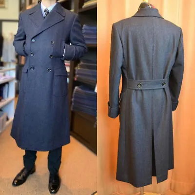 Cashmere Men Long Overcoat Belted Wool Blend Navy Blue Double Breasted Warm Coat • $75.26