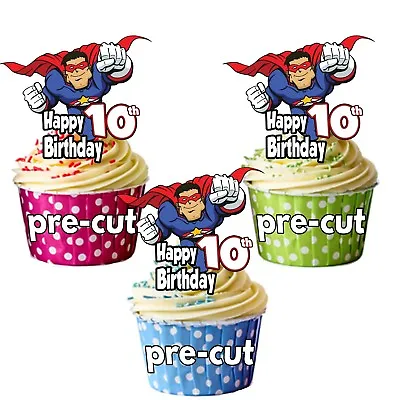 PRECUT Superhero Boys Mens 12 Cup Cake Toppers Birthday Decorations ANY AGE • £3.75