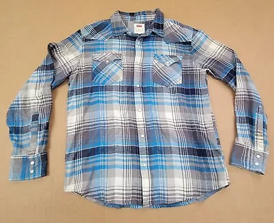 Mens Wrangler Flannel Pearl Snap Button Western Shirt Blue Plaid Wrancher SZ-LG • $19.99