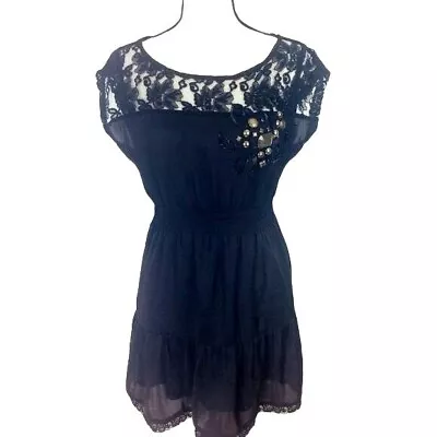 Mustard Seed Womens Black Beaded Lace Cap Sleeve Fit & Flare Dress M • $24.99