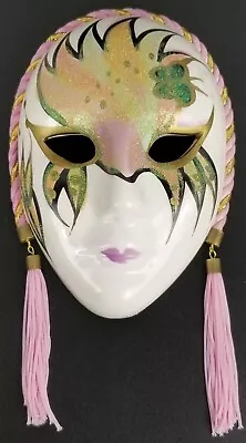 Vintage Hand Painted Mardi Gras Mask By Lis Ceramic Pink Ivory Green • $19.95