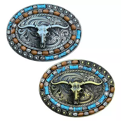 Men Western Belt Buckle Silver Metal Engraved Vintage Blue Beads Cowboy Accessor • $12.14