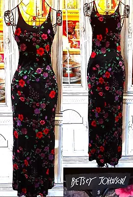 Vintage Betsey Johnson 90s Y2K Black Floral Stretch Velvet Long Maxi Slip Dress • $349.99