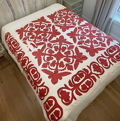 Antique 1850s Cotton Hawaiian Quilt Patchwork Red And White Calico Quilt Blanket • $350