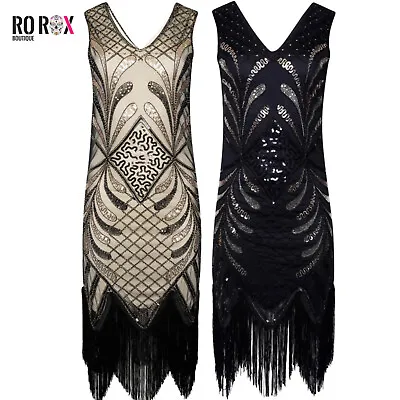 Ro Rox Pola Dress 1920's Art Deco Flapper Gatsby Party Glamour Sequin Fringe • $24.88