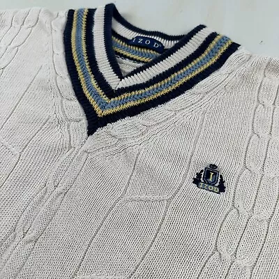 Vintage Izod Cable Knit Sweater Men XL Linen Cotton Cream White Cricket Tennis • $79.99