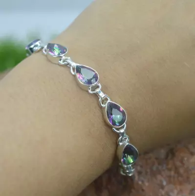 Faceted Mystic Topaz 925 Solid Sterling Silver Gemstone Adjustable Bracelet • £29.91