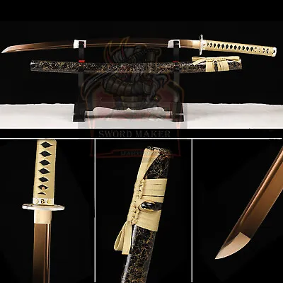 Japanese Samurai Sword Full Tang Katana 1095 High Carbon Steel Gold Blade  Sharp • $99.99