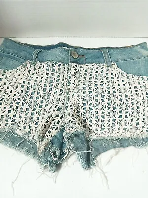 Vintage Havana White Embroidered Denim Shorts Size 27 Stretch Waist 15  Front • $12.99