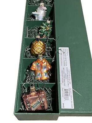 Vintage Christmas Ornament Hawaiian Set Glass Shirt Pineapple Suitcase (Read) • $20