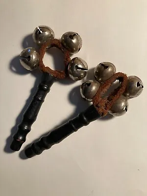 Two Antique 1800's 6” Wood & Leather Hand Held Sleigh Jingle Bells Rare Find • $68