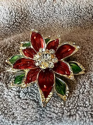 MONET Goldtone Holiday Christmas Poinsettia Brooch Pin /  Enamel Rhinestone • $14.95