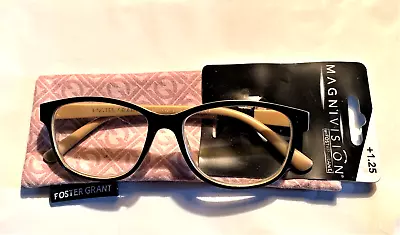 FOSTER GRANT Magnivision Reading Glasses +1.25 W/ Case 2 Tone Black & Tan KINSEY • $18.50