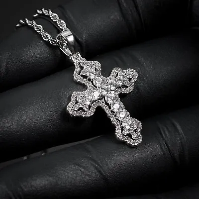 Mens Silver Small Hip Hop Mini Iced Cz Cross Pendant And Rope Chain Necklace • $21.23