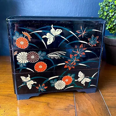 Vintage Black Floral Butterfly Bento Trinket Box 3 Trays Lacquer Ware MMA Japan • $58