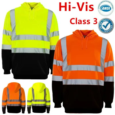 Hi Vis ANSI Class 3 Safety Hooded Sweatshirt Pullover Fleece Hoodie Black Bottom • $34.99