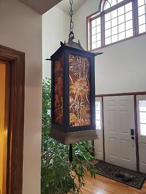 Vintage 1930’s Japanese Hanging Lantern Lamp (Metal Lacquered Wood Fabric) • $199.99