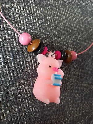 Pink Piggy Juice Milk Box Memory Wire Pendant Necklace. Wooden Beads. NEW! • $2.90