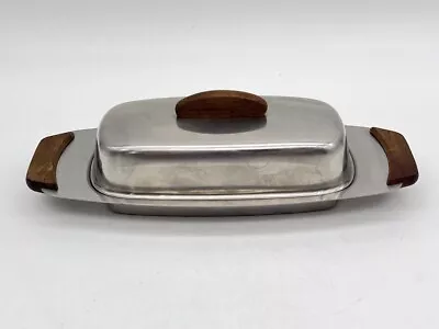 Vintage MCM Stelton Denmark Danish Modern Teak Wood Metal Covered Butter Dish • $24.99